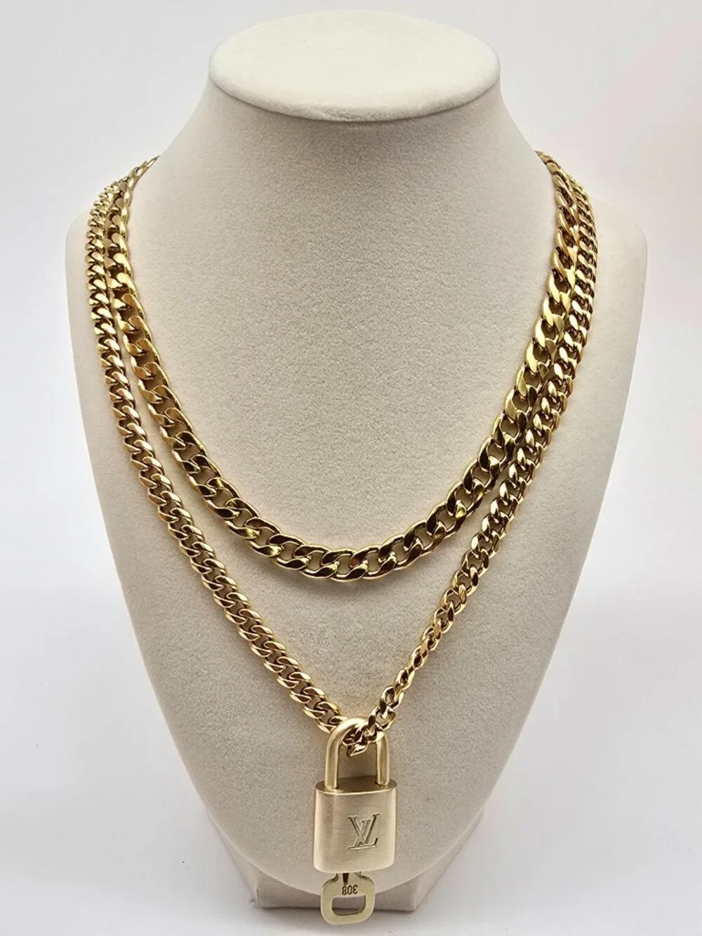 Authentic Louis Vuityon Gold Padlock Pendant with Stainless Steel 2 Cuban Style